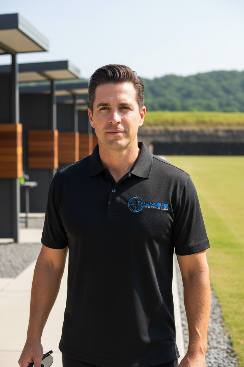 Founders Shooting Club black polo lifestyle shot