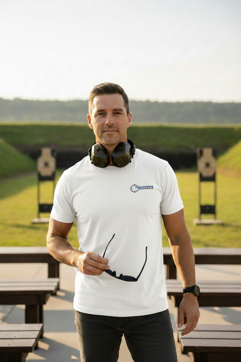 Founders Shirt white lifestyle shot with left chest logo