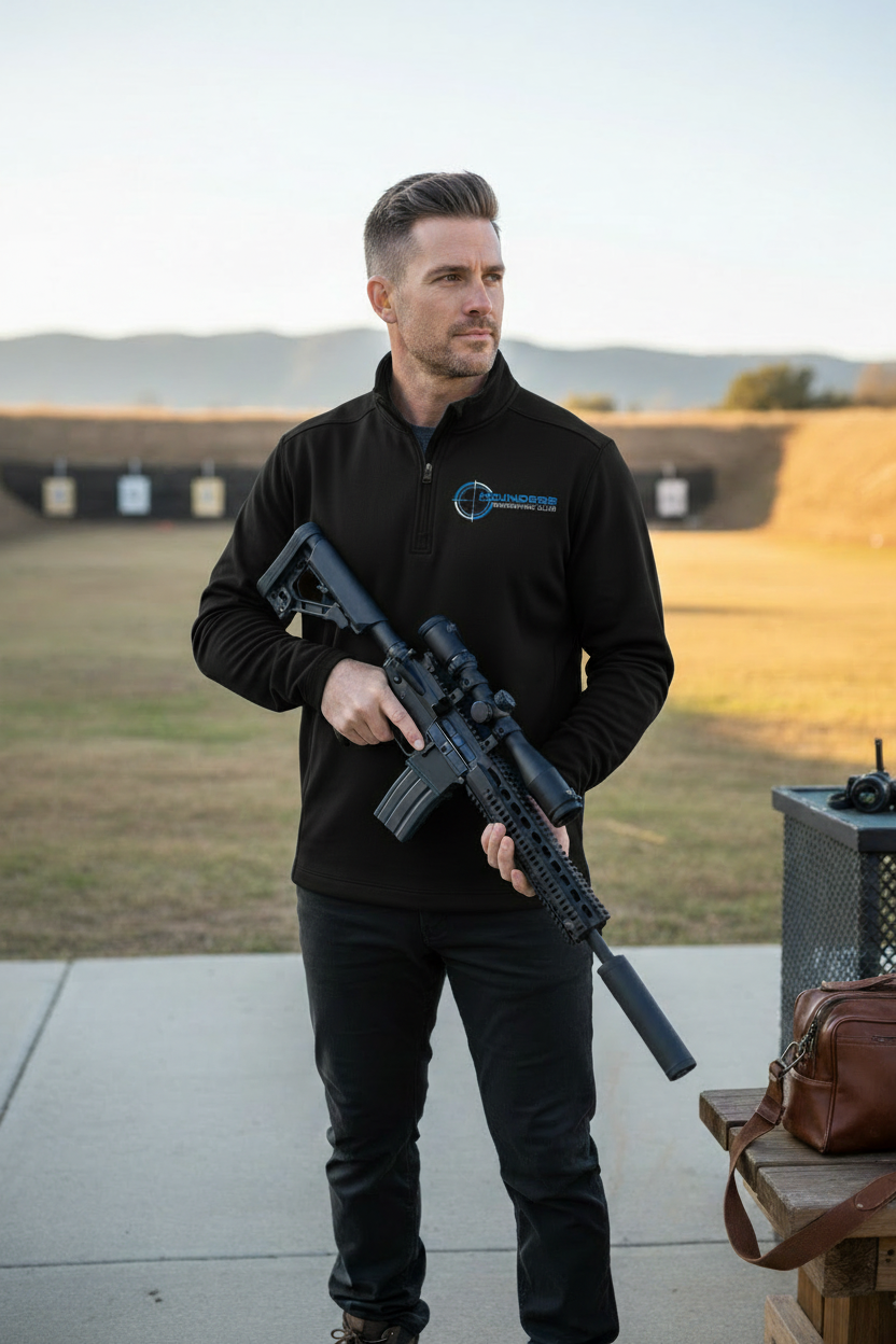 Founders Shooting Club black 1/4 zip lifestyle shot